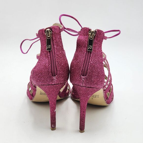 Belle Badgley Mischka Zandra Lace Up Strappy Pink Glitter Heels Size 7 - Picture 6 of 9